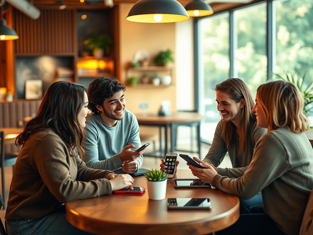 Four friends are sitting at a table in a cozy cafe, smiling and looking at their smartphones.