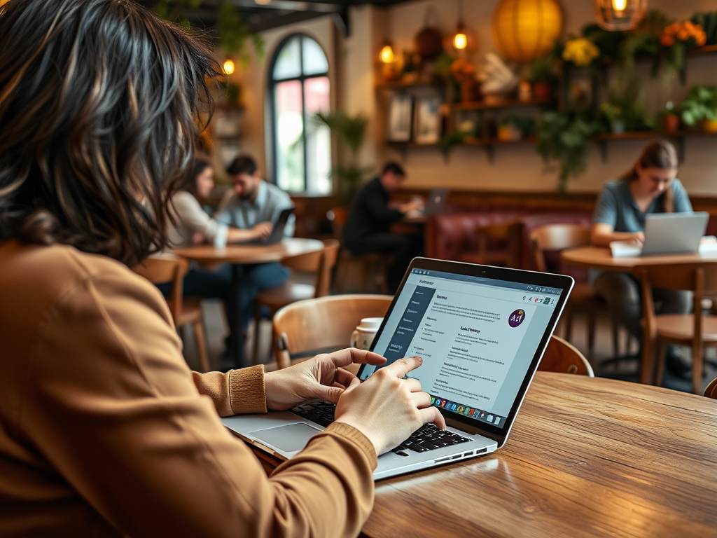 A person using a laptop in a busy café, with others working at tables in the background.