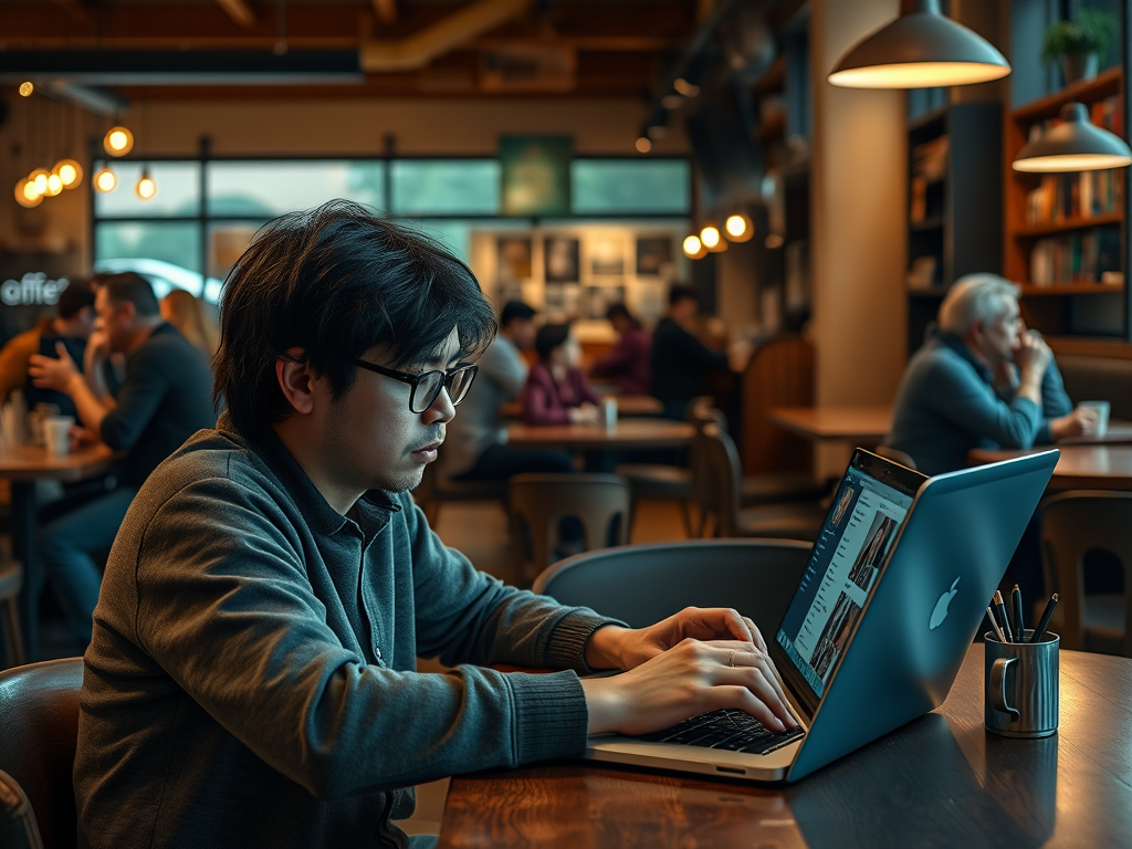 A person works on a laptop in a busy cafe, immersed in their tasks while others chat nearby.