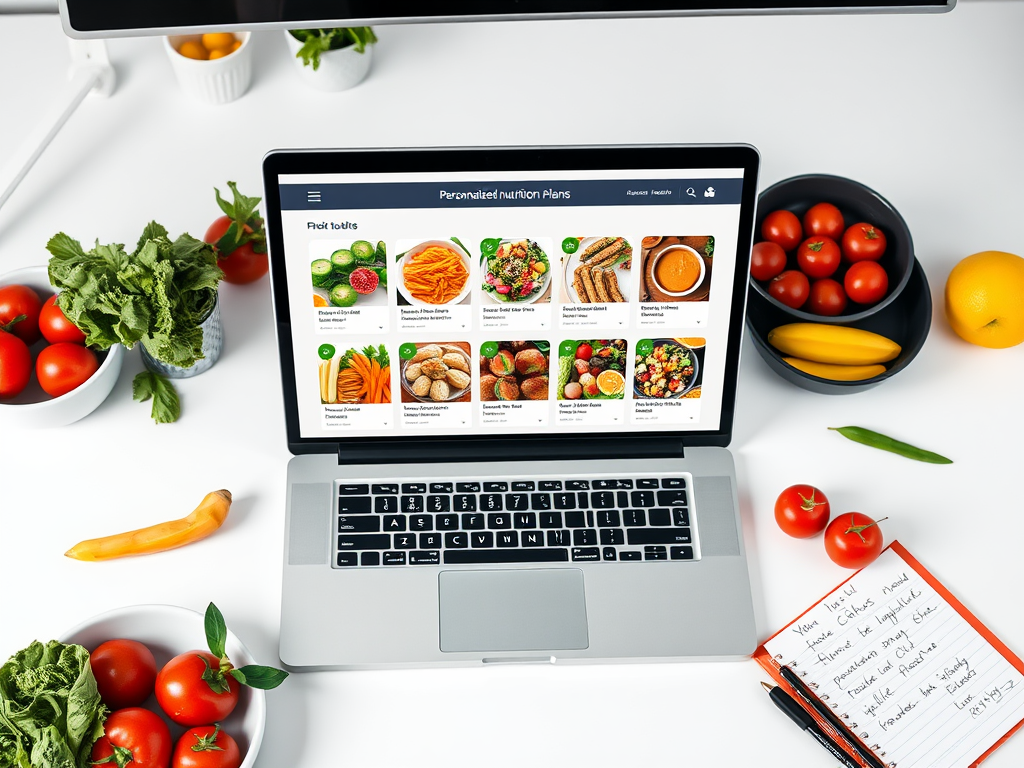 A laptop displays personalized nutrition plans, surrounded by fresh vegetables and fruits on a bright surface.