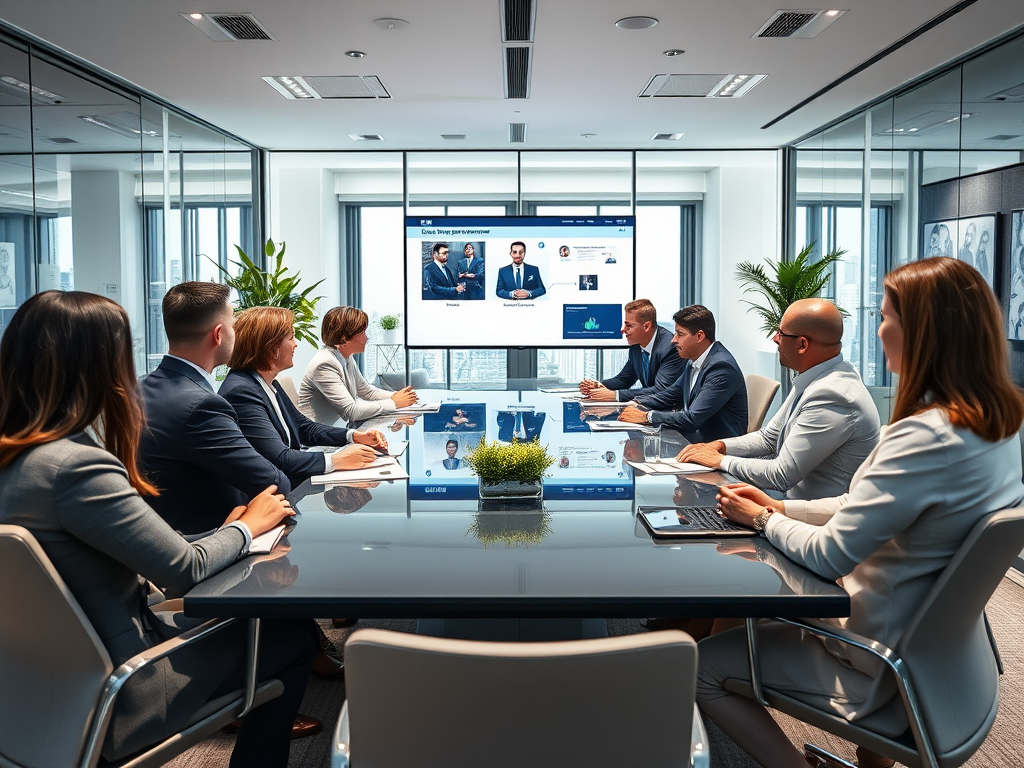 A corporate meeting in a modern glass conference room with eight professionals discussing a presentation on a screen.