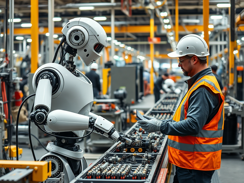 A humanoid robot and a worker in safety gear collaborate on an assembly line in a modern factory setting.