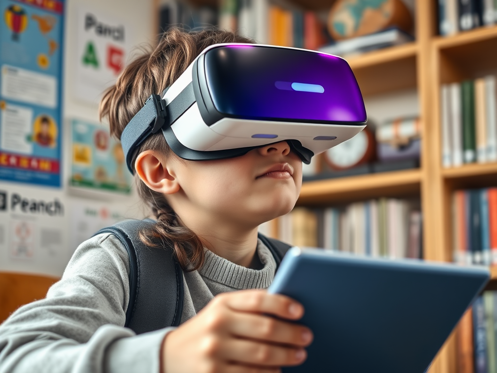 A child wearing a VR headset holds a tablet, engaged in a virtual learning experience in a classroom.