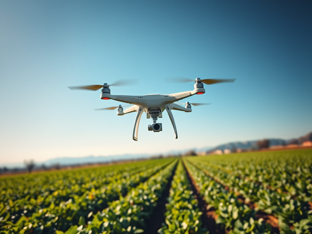 A drone hovers above a lush green field under a clear blue sky, suggesting agricultural monitoring.