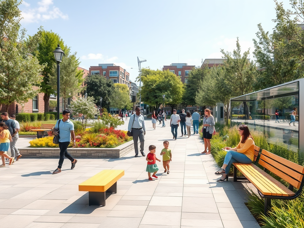 A lively plaza filled with people walking, children playing, and benches surrounded by greenery in bright daylight.