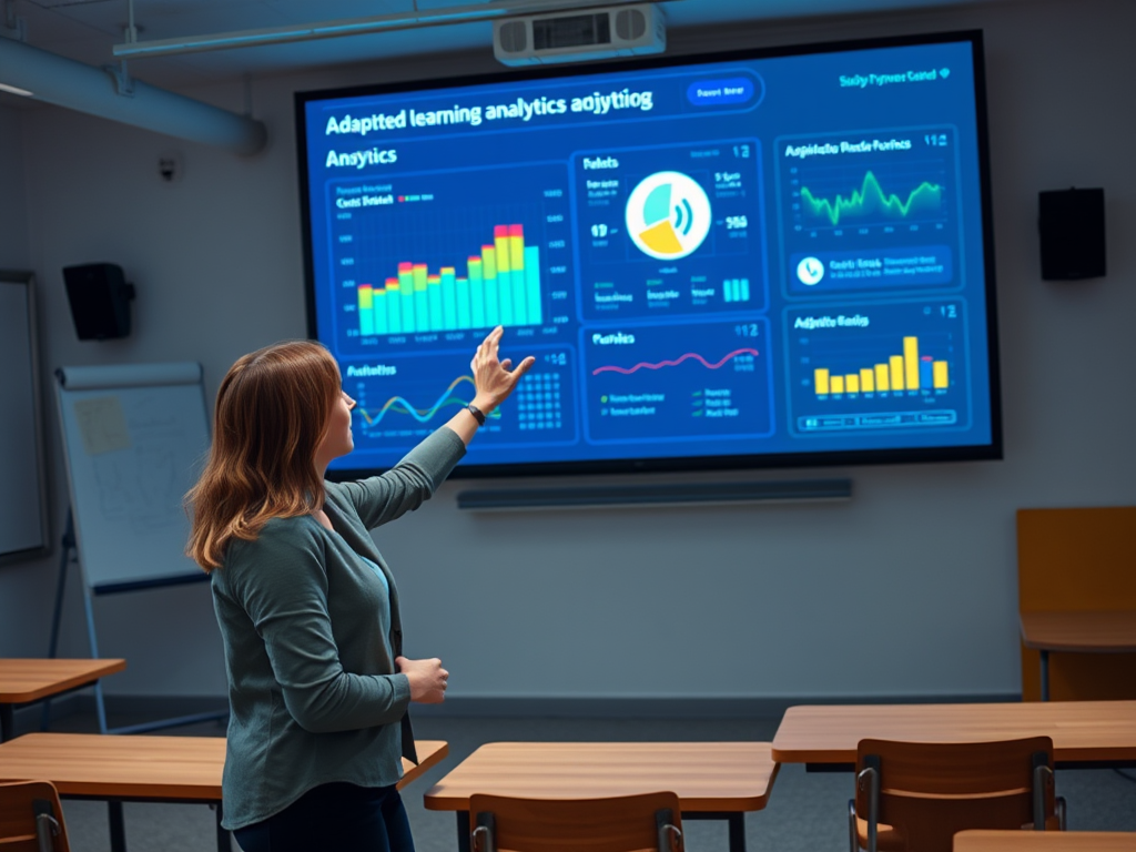 A woman points to a digital display of analytics in a classroom setting, highlighting data visualizations and statistics.