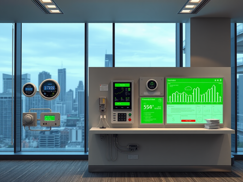 A modern office setup with green digital displays showing data and controls, overlooking a city skyline.