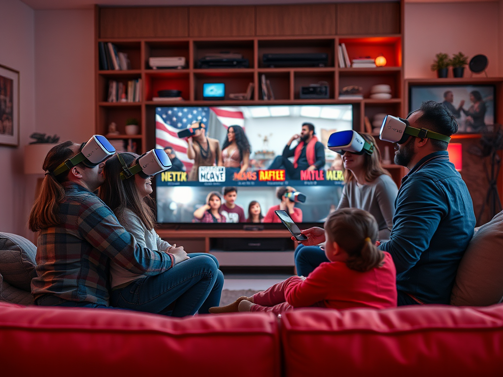 A family enjoys virtual reality headsets while watching a show on a large TV, engaged in a fun activity together.