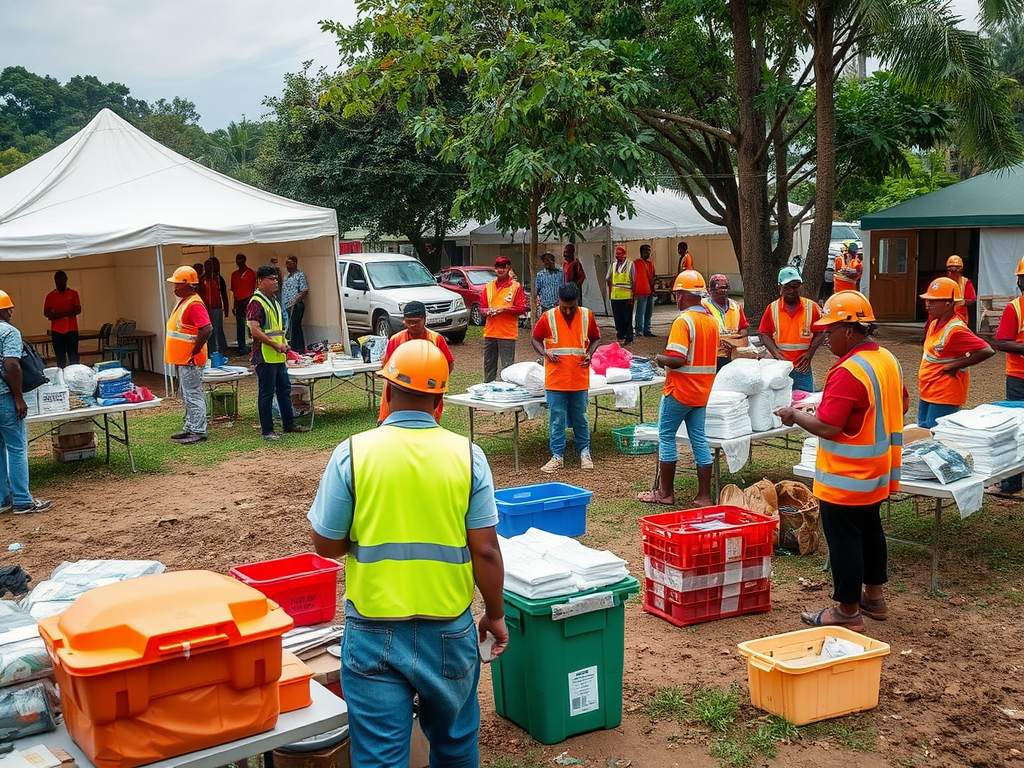 People in safety gear organize supplies at an outdoor distribution center under tents, surrounded by trees.