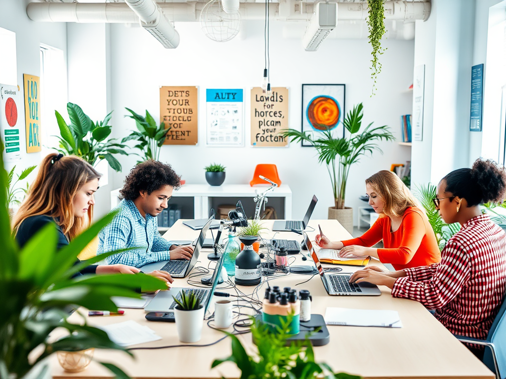 Four young professionals collaborate at a modern workspace, engaged in laptops and writing, surrounded by plants.