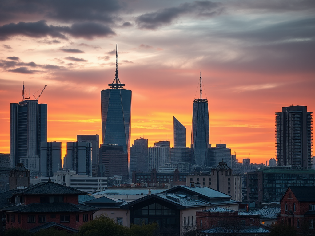 A vibrant sunset over a city skyline with tall buildings and a glowing orange sky.