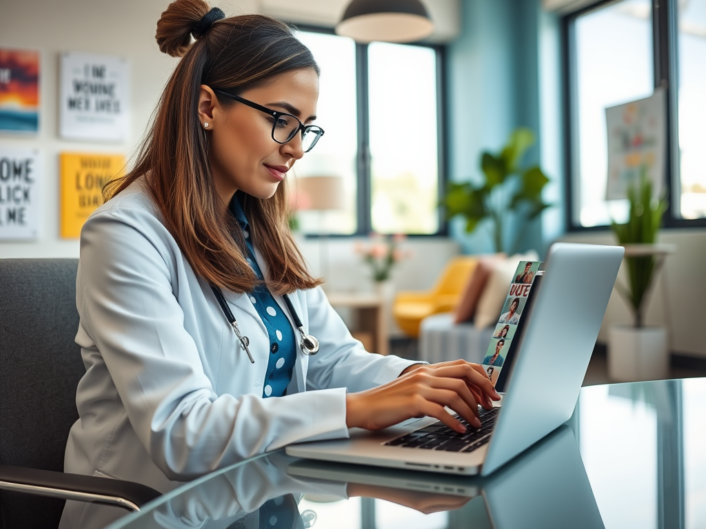 A female doctor in a white coat uses a laptop, focusing intently in a bright, modern office space.